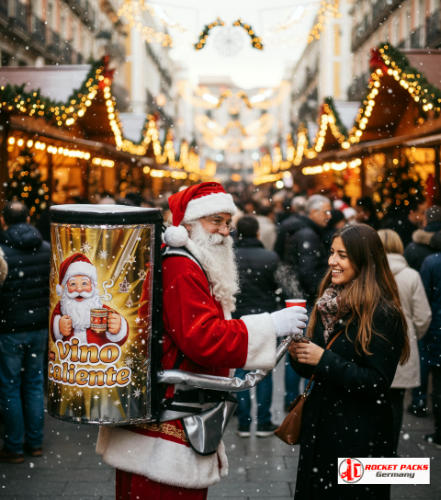 Vendedor con mochila dispensadora de mulled wine sirviendo bebida caliente en el Mercado de Navidad de la Plaza Mayor en Madrid, caminando entre puestos iluminados y visitantes, ofreciendo servicio rápido sin esperas con ambiente invernal festivo.