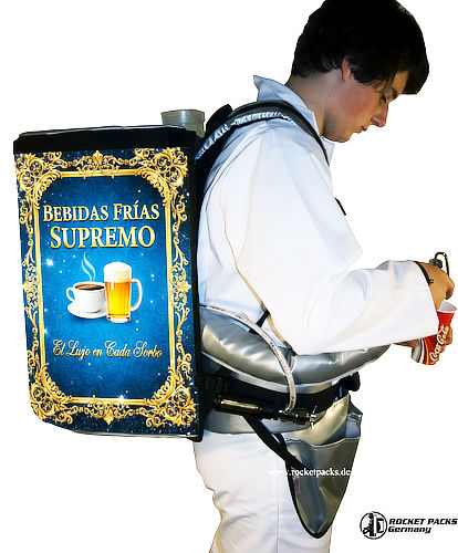 Una mochila dispensadora térmica Rocketpacks con aislamiento avanzado, ideal para mantener bebidas frías como refrescos o calientes como café, equipada con correas ergonómicas y un soporte lumbar acolchado.