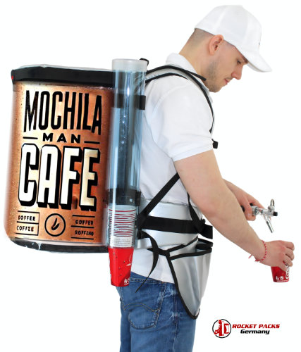 Mochilaman? Vendedor de cafe Es un canal de venta adicional a las barras y cubeteros. Existe una gran oportunidad para el uso de mochila en todo tipo de eventos masivos (musicales, deportivos, ferias, etc.) donde se está dejando de vender mucho producto por usar solamente los medios tradicionales.